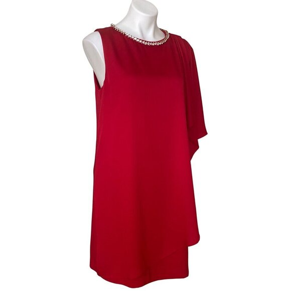 Tahari ASL Red Asymmetrical Sleeve Cocktail Dress, Rhinestones Women's Size 10 - Picture 3 of 10